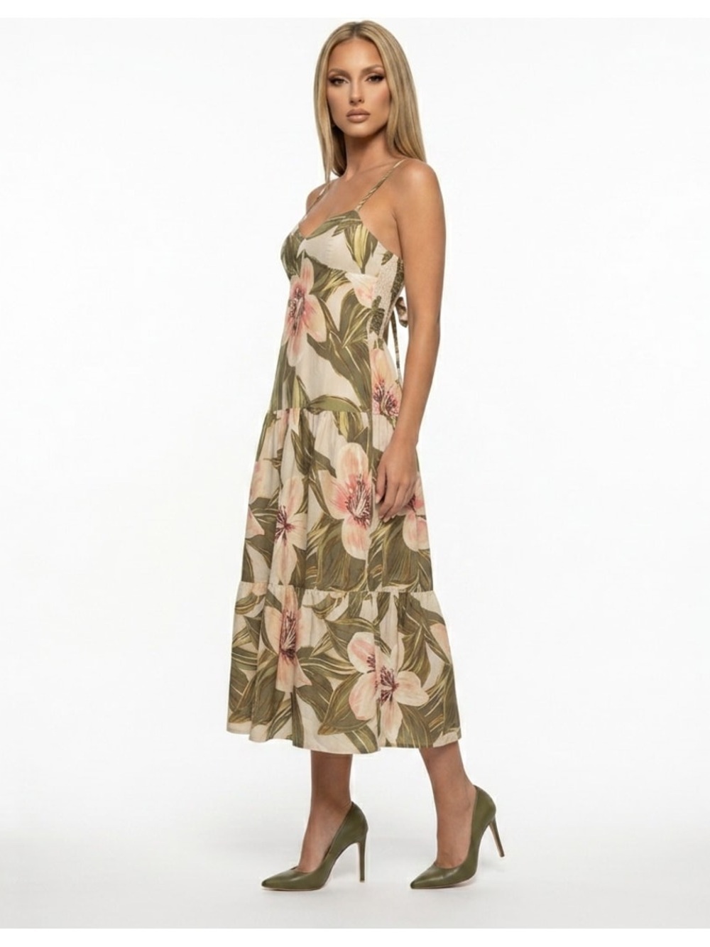 NWT Taylor Floral Tiered Dress Sz S Cream, Pink & Green Cotton Spaghetti Straps - Picture 3 of 13